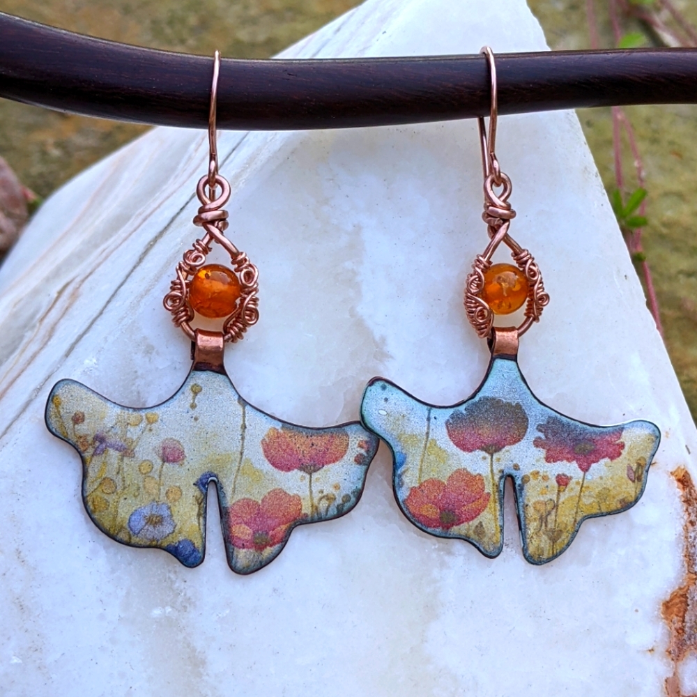 Artisan Copper Earrings-Baltic Amber Beads Enameled Floral Poppy Design - Picture 3 of 6